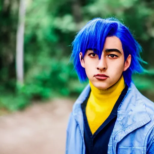 Image similar to rimuru tempest, young man blue hair yellow eyes, canon eos r 3, f / 1. 4, iso 2 0 0, 1 / 1 6 0 s, 8 k, raw, unedited, symmetrical balance, in - frame