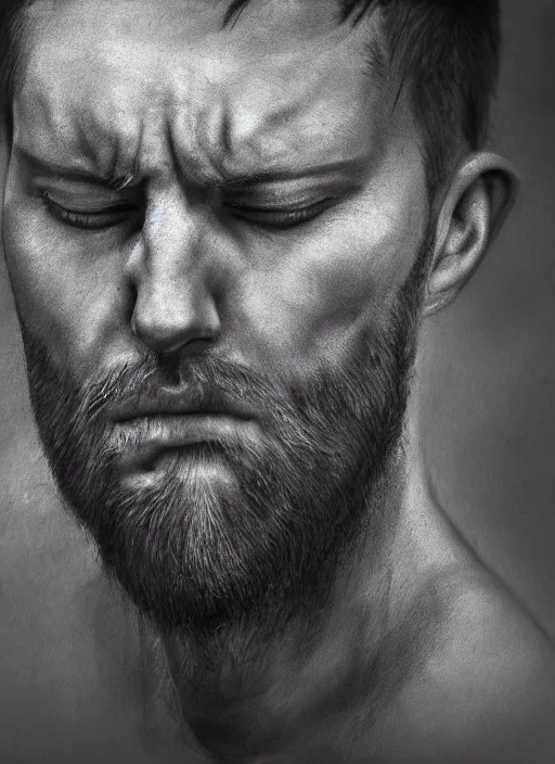 Prompt: realistic portrait of a deep sad man, depression, pain, hyper realistic, HDR, hyperrealism style,