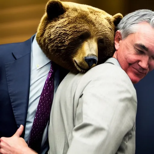 Prompt: Jerome Powell hugging a bear