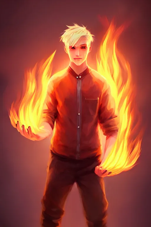 Image similar to character art by wlop, young man, blonde hair, on fire, fire powers