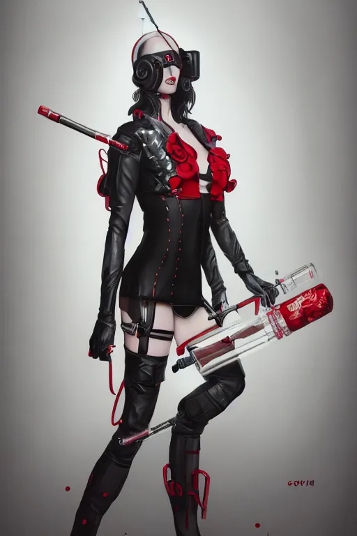 Image similar to covid - 1 9 nurse holding a syringe, wearing nurse bikini armor, black and white and red, cyberpunk, by tom bagshaw and alphonse mucha and atey ghailan and artgerm and and greg rutkowski and hajime soriyama, hyper realistic, octane render, trending on artstation