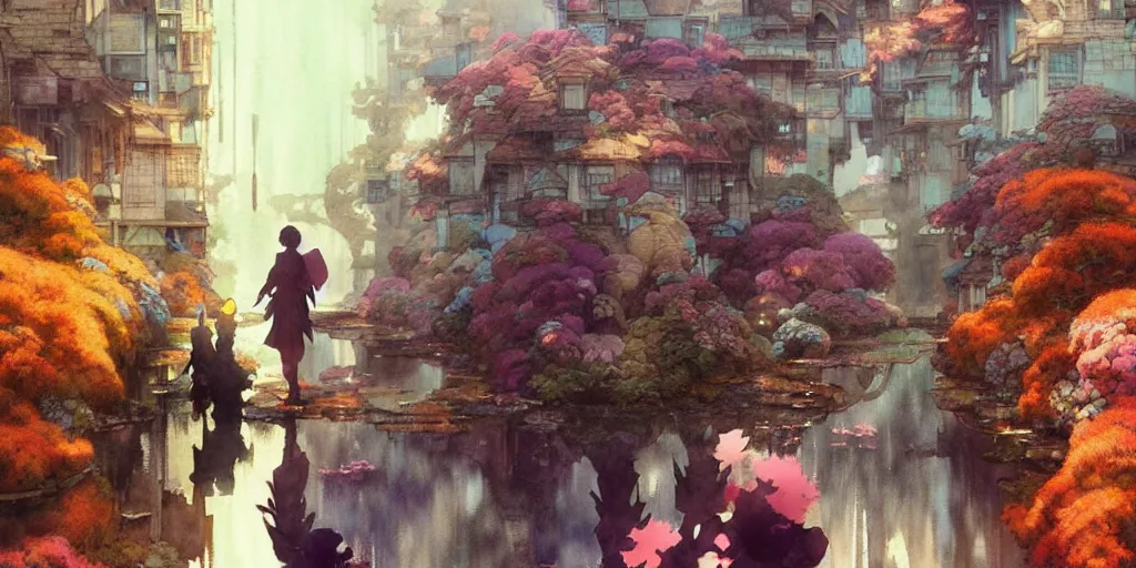 Prompt: anime movie scene, characters walk, waterway, fantasy. intricate, amazing composition, colorful watercolor, reflections, by ruan jia, by maxfield parrish, by koji morimoto, by hikari shimoda, by sparth, by zhang kechun, illustration, gloomy