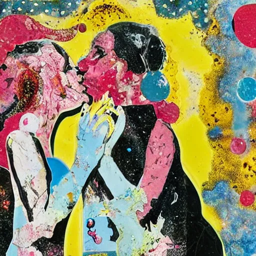 Image similar to two women kissing at a carnival on an alien planet, mixed media collage, retro, paper collage, magazine collage, acrylic paint splatters, bauhaus, abstract claymation, layered paper art, sapphic visual poetry expressing the utmost of desires by jackson pollock