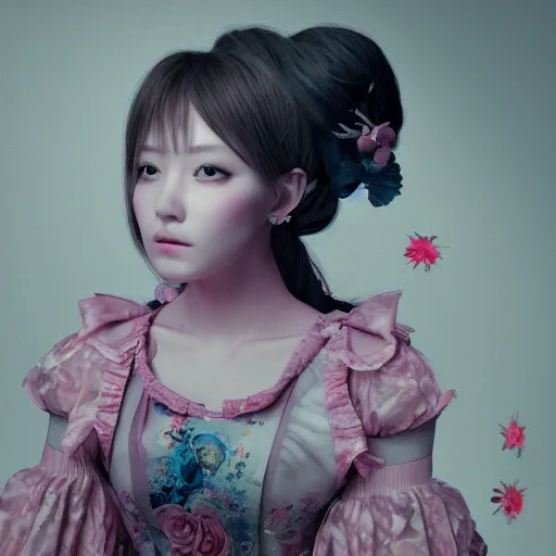 Image similar to 8 k, octane render, realism, tonalism, renaissance, rococo, baroque, cotton candy, portrait of a creepy young lady wearing long - harajuku manga - dress with flowers and skulls