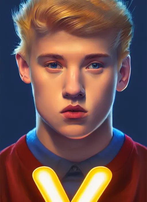 Image similar to portrait of high school senior boy named big moose, blonde short hair, jock, beefy, wide face, square jaw, square facial structure, blue varsity jacket with letter r, intricate, elegant, glowing lights, highly detailed, digital painting, artstation, concept art, sharp focus, illustration, art by wlop, mars ravelo and greg rutkowski