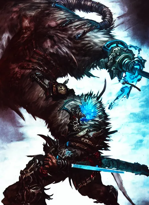 Image similar to Full body portrait of giant old gnoll warrior with a giant black blade, emanating with blue aura. In style of Yoji Shinkawa and Hyung-tae Kim, trending on ArtStation, dark fantasy, great composition, concept art, highly detailed, dynamic pose.