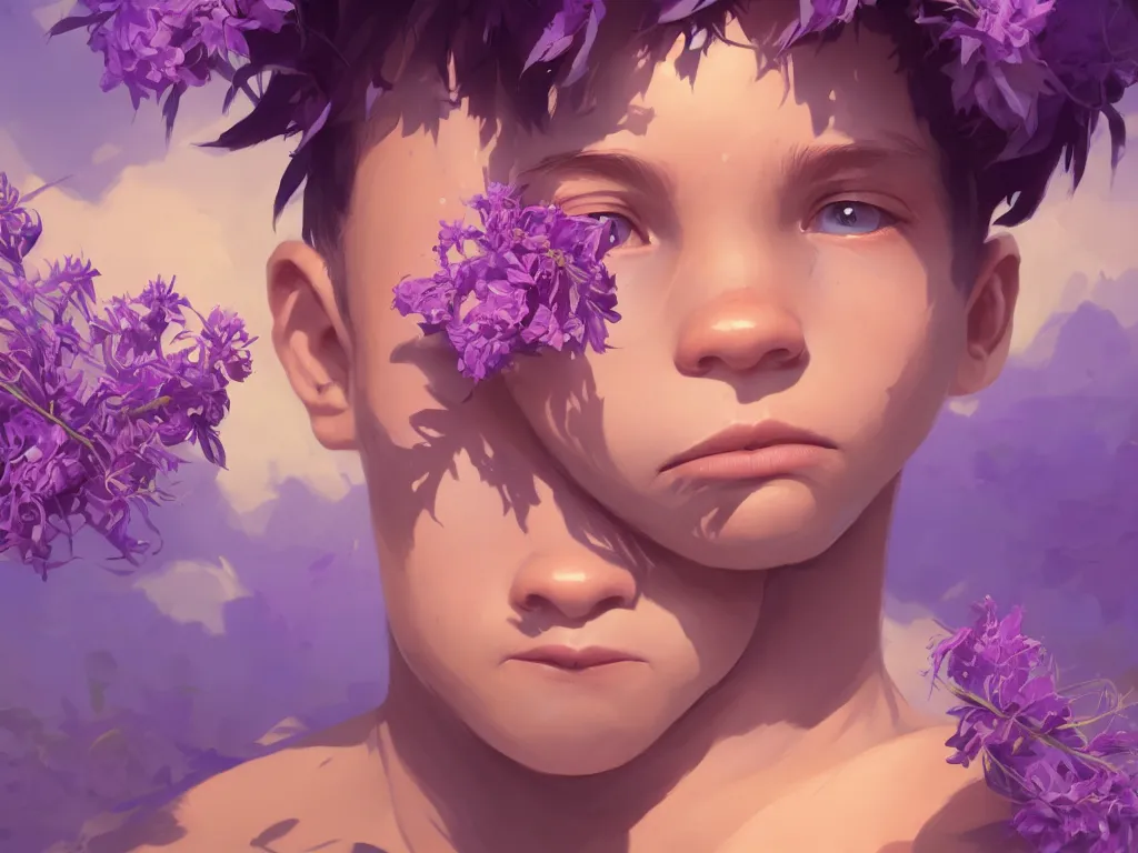 Image similar to kid with symmetrical beauty face, purple flowers of marijuana hemp cannabis, behance hd, by jesper ejsing, by rhads, makoto shinkai, lois van baarle, ilya kuvshinov, rossdraws global illumination, golden ratio