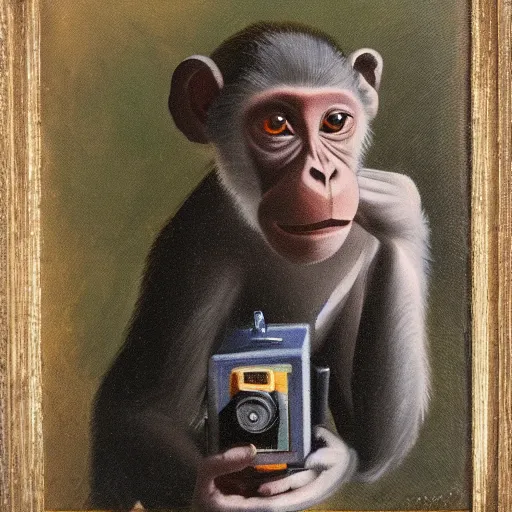 Image similar to portrait of a monkey holding a camera in his hand, oil painting