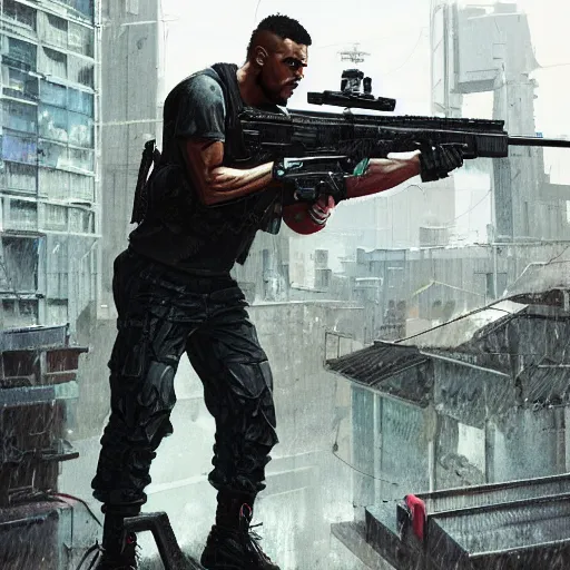 Image similar to A broad shouldered, muscular man wearing Acronym p-31 Ds pants and Sleeveless shirt and Nike Acronym presto sneakers, rooftop, sniper rifle stationed in background, Police sirens shining in far background, high quality, digital art, dirty cyberpunk city, rain, greg rutkowski