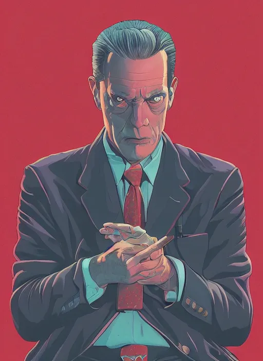 Image similar to Twin Peaks movie poster artwork by Michael Whelan and Tomer Hanuka, Rendering of Evil Cooper, from a scene from Twin Peaks, clean, full of detail, Matte painting, trending on artstation and unreal engine