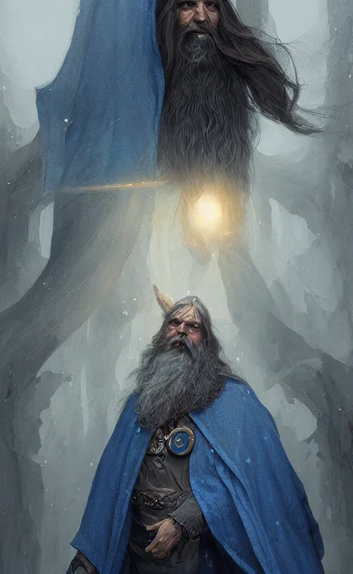 Image similar to portrait of a middle aged elf with a long beard, dressed in a blue cloak, brown grey hair, raised hand, clock iconography, detailed face, fantasy, highly detailed, cinematic lighting, digital art painting by greg rutkowski