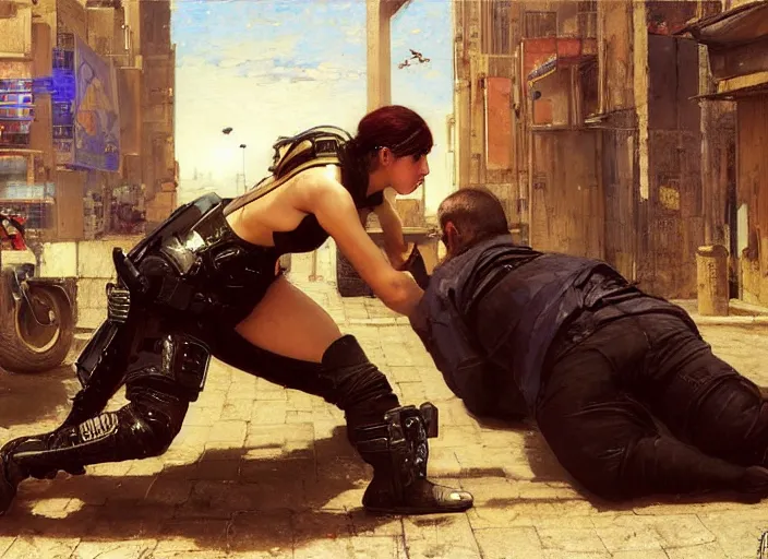 Prompt: Maria evades sgt Griggs. Cyberpunk assassin escaping Menacing Cyberpunk policeman griggs. (dystopian, police state, Cyberpunk 2077, bladerunner 2049). Iranian orientalist portrait by john william waterhouse and Edwin Longsden Long and Theodore Ralli and Nasreddine Dinet, oil on canvas. Cinematic, vivid colors, hyper realism, realistic proportions, dramatic lighting, high detail 4k