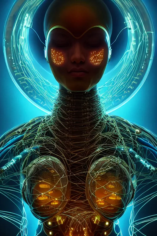 Image similar to a centered render of an alien bio - organic creature adorned with cables and synthesizer parts is surrounded by sacred geometry, full body, bio - mech face, powerful, cinematic, beautifully lit, by artgerm, by karol bak, 3 d, trending on artstation, octane render, 8 k