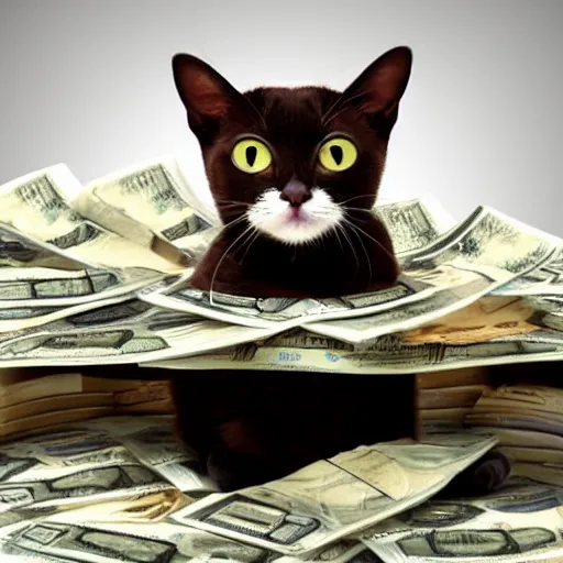 Image similar to brown floppa cat laying on stacks of money in bathtub