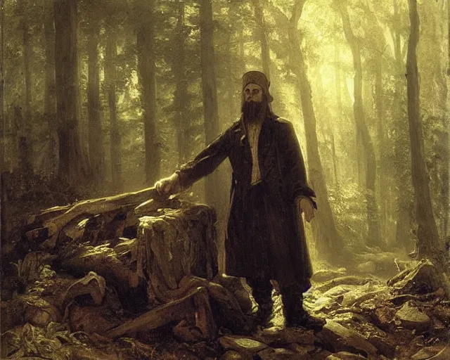 Image similar to portrait of a lovecraftian cultist next to an occult altar in a forest by andreas achenbach