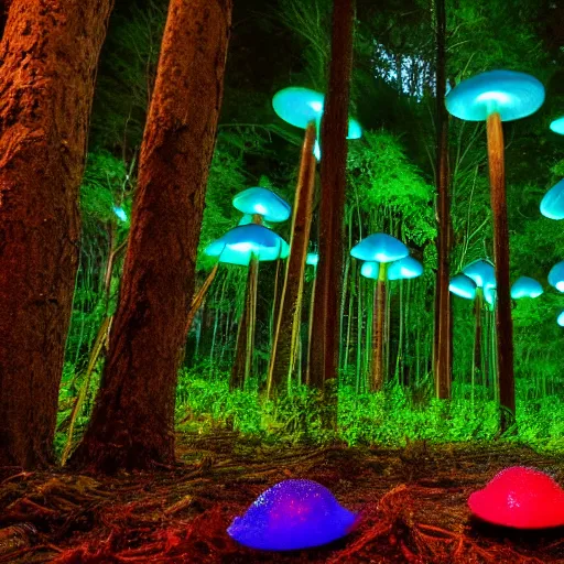 Image similar to blue glowing jello mushrooms in a mystical forest, firefly exposure trails in foreground, high detail