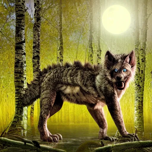 Image similar to Furred chimera with crocodile's body and a wolve's head, set within a birch tree swamp, illuminated by full moon, professional photoshop artwork, highly detailed