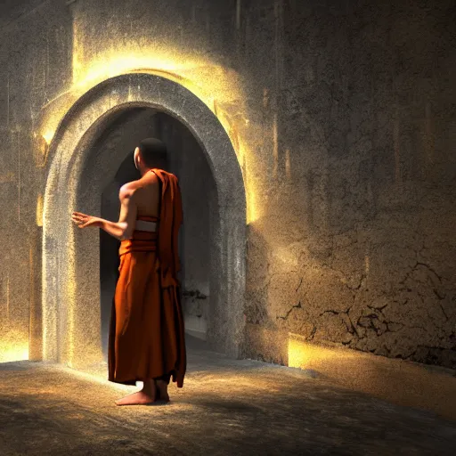 Image similar to concept art a monk discovering a portal to enlightenment, 8 k, 3 d render, ultra high quality, cinematic