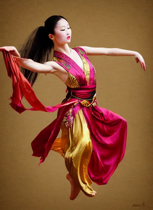 Image similar to full body portrait of a dancer throwing silk belts, feet, barefoot, full body, vivacious, extremely beautiful, gold jewelry, hanfu, chinese ribbon dance, wide ribbons, silk belt, ming dynasty, detailed, realistic face, anatomically accurate, fantasy art, ghostblade, wlop.