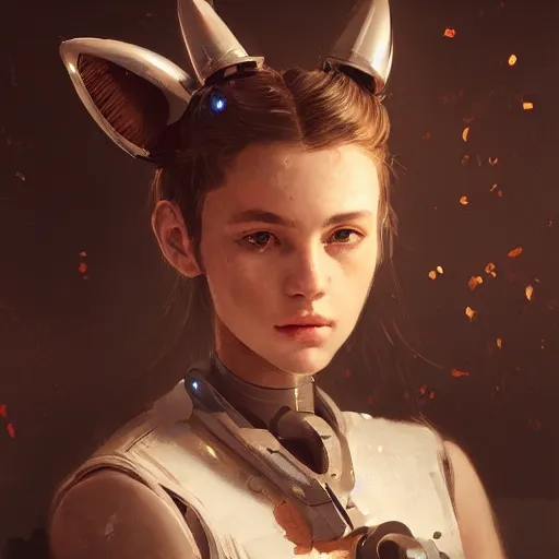 Image similar to portrait of a beautiful cute girl with robot ears by greg rutkowski, 4k, intricate details, coffee background