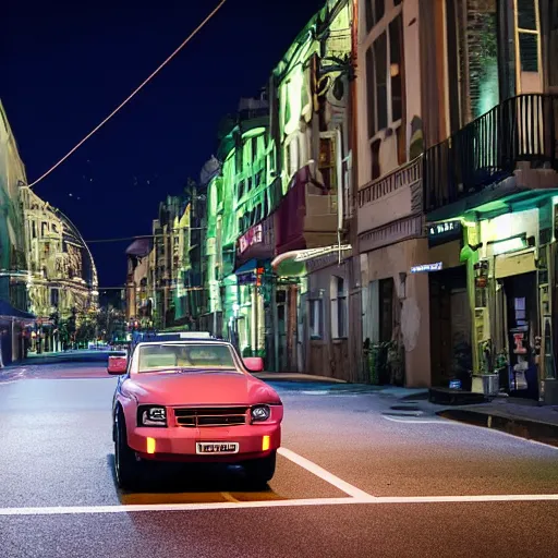 Image similar to a car bu driving down a street next to small buildings the night, XF IQ4, f/1.4, ISO 3200, 1/10s, 8K, RAW, unedited, symmetrical balance, in-frame, sharpened