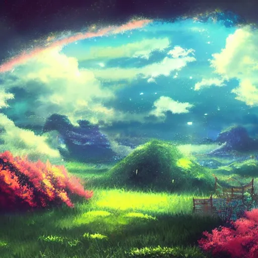 Image similar to a heavenly dream view from the interior of my cozy dream world filled with color from a Makoto Shinkai oil on canvas inspired pixiv dreamy scenery art majestic fantasy scenery fantasy pixiv scenery art inspired by magical fantasy exterior