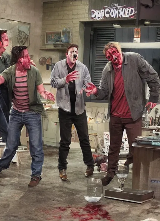 Image similar to a scene from friends where joey and chandler become zombies, face enhance, realistic, shaun of the dead, izombie, ultra detailed, octane render, lovecraftian, horror, dead space, the walking dead