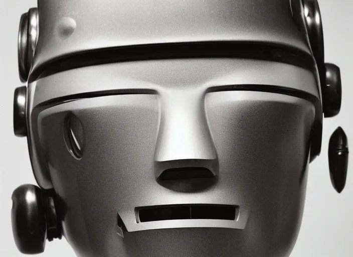 Image similar to a portrait photograph of a robot head designed by Balenciaga, 35mm, pentax, studio