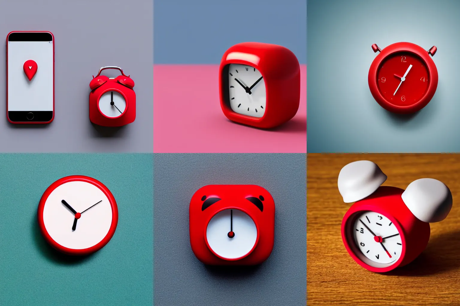 Image similar to Very tiny red alarm clock that looks like the iOS emoji and has the same colors, 3D clay render, 4k UHD, white background, isometric top down left view, diffuse lighting, zoomed out very far