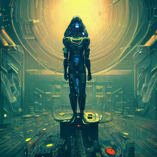 Prompt: futuristic cyberpunk cyborg achieving consciousness and nirvana inside a derelict throne in the style of kilian eng and josan gonzalez, cg society, sharp focus, trending on artstation, perfect composition, hyperdetailed, eccentric, vibrant
