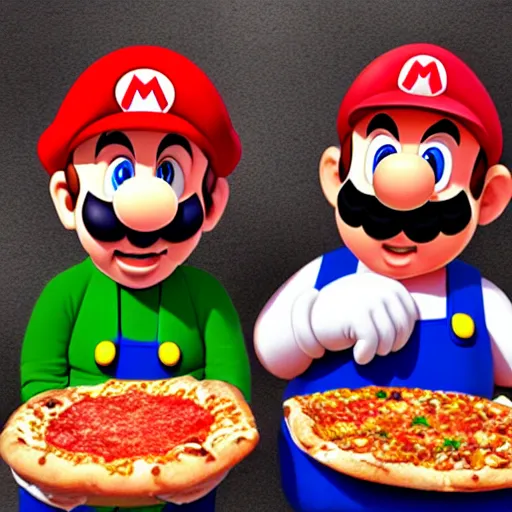 Image similar to mario and luigi eat a pizza