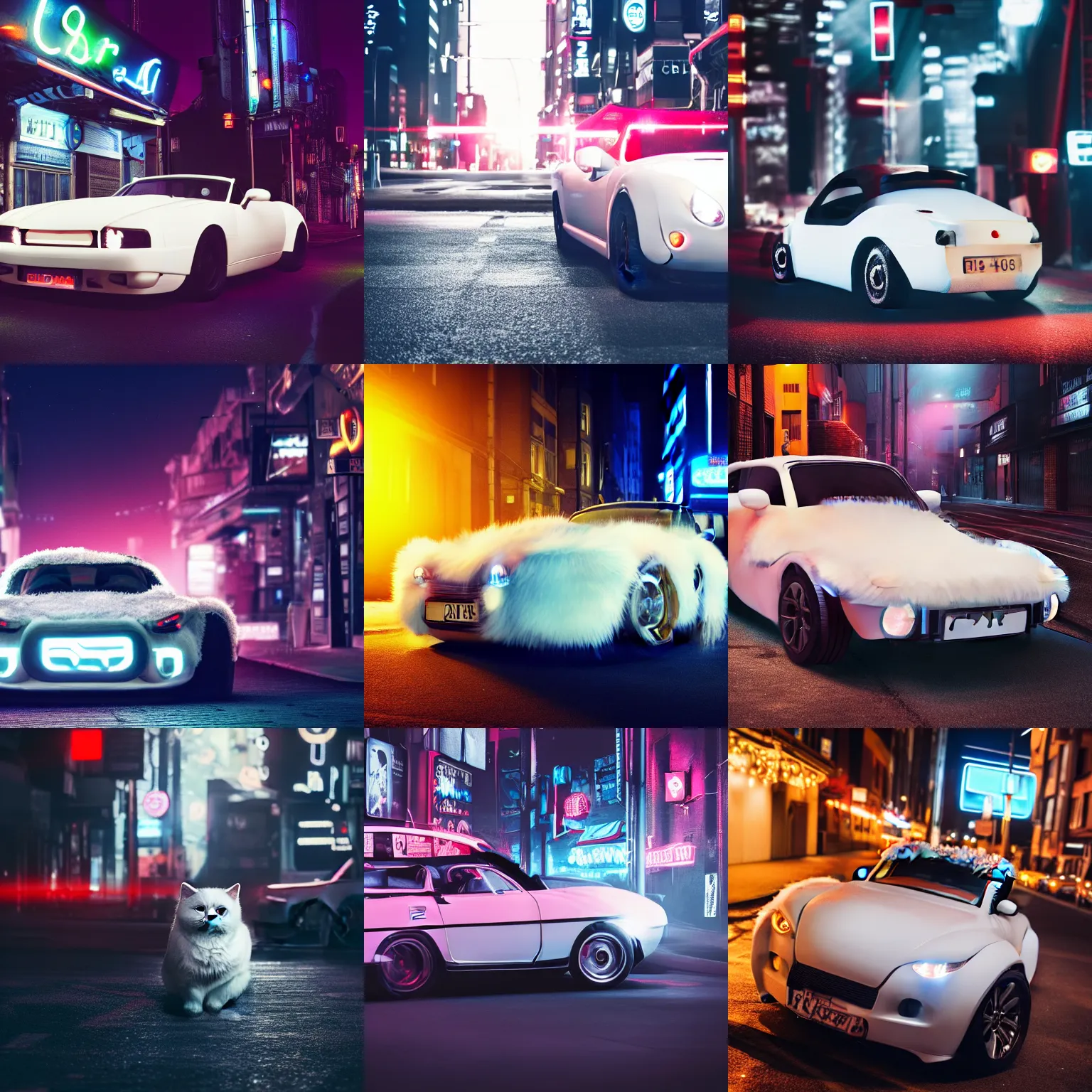 Prompt: a fluffy roadster covered with white fur, with two headlights, looked like a British Shorthair cat, parking in the street, Cyberpunk, neon light, 4k, hd, highly detailed