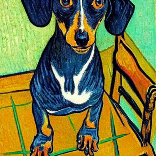 Prompt: Portrait of a dachshund on a chair, painted by Vincent Van Gogh