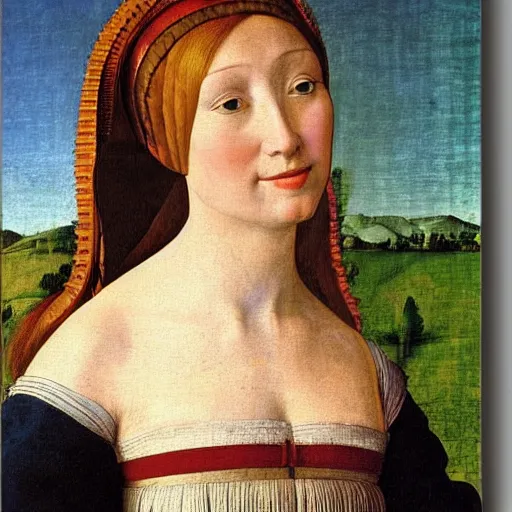 Prompt: portrait of a young woman with a happy face in the year 1465 by Giovanni Bellini