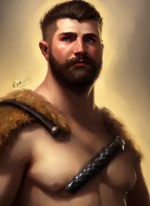 Image similar to a _ fantasy _ style _ portrait _ painting _ of chubby white barbarian male very short hair short stubble, brown hair, rpg dnd oil _ painting _ unreal _ 5 _ daz. _ rpg _ portrait _ extremely _ detailed _ artgerm _ greg _ rutkowski _ greg