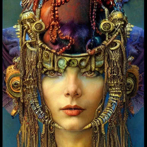 Prompt: baroque portrait of an art deco machine shaman, reflective detailed textures, highly detailed fantasy science fiction painting by annie swynnerton and jean delville and moebius, norman rockwell and maxfield parrish. modern industrial shaman, rich colors, high contrast. artstation