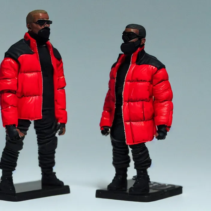 Prompt: a action figure figure of kanye west using a full face covering black mask, a small, tight, undersized reflective bright red round puffer jacket made of nylon, dark jeans pants and big black balenciaga rubber boots, figurine, detailed product photo