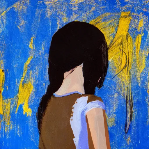 Image similar to an abstract painting of a girl looking away from you, with dark blue and muddy yellow colors and a blue background