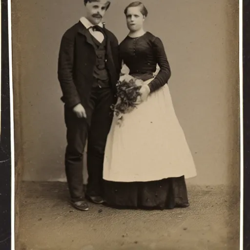 Image similar to antique black and white photograph of a young couple, studio lighting, cardboard cutout backgrounf 1 8 7 6