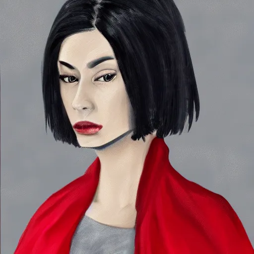 Image similar to frontal Portrait of a black haired woman with a red coat, digital painting