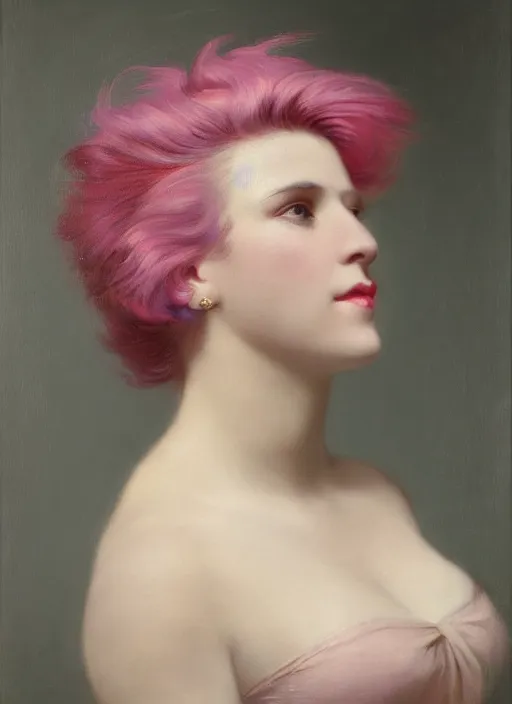 Prompt: a detailed portrait of woman with a mohawk by edouard bisson, year 1 9 3 0, pink hair, punk rock, looking at the camera, oil painting, muted colours, soft lighting