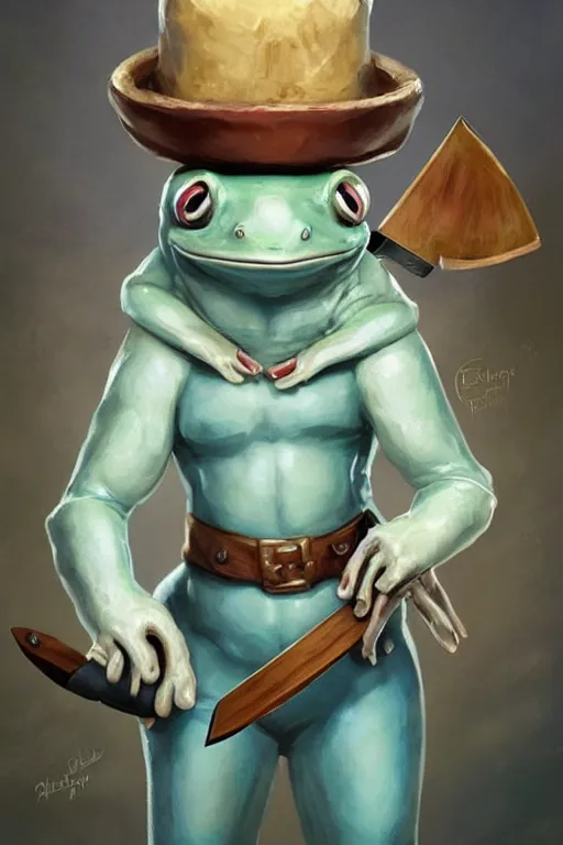 Image similar to cute anthropomorphic frog wearing a white butcher coat with a butcher hat and holding a cleaver knife ,tiny, small, miniature frog, baby animal, short, pale blue armor, cute and adorable, pretty, beautiful, DnD character art portrait, matte fantasy painting, cgsociety Artstation, by Jason Felix by Steve Argyle by Tyler Jacobson by Peter Mohrbacher, cinematic lighting