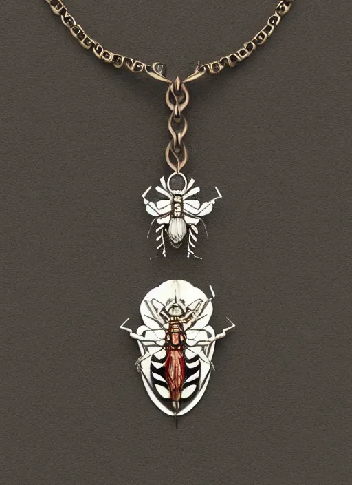 Prompt: rough concept art of small insect pendant, fantasy illustration, medieval era, hand - drawn, 4 k, trending on artstation, symmetry