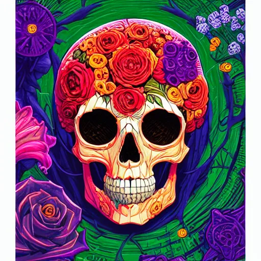 Image similar to ortographic view of a large skull with cybernetic modifications and vivid flowers by Jen Bartel and Dan Mumford and Satoshi Kon, gouache illustration