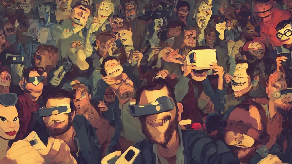 Prompt: selfie of a tight group of drunk hackers at a party in a vr mask in a scifi movie, retrofuturism, by jamie hewlett, nuri iyem, james gurney, james jean, greg rutkowski, anato finnstark. pixar. hyper detailed, 5 0 mm, perfect faces