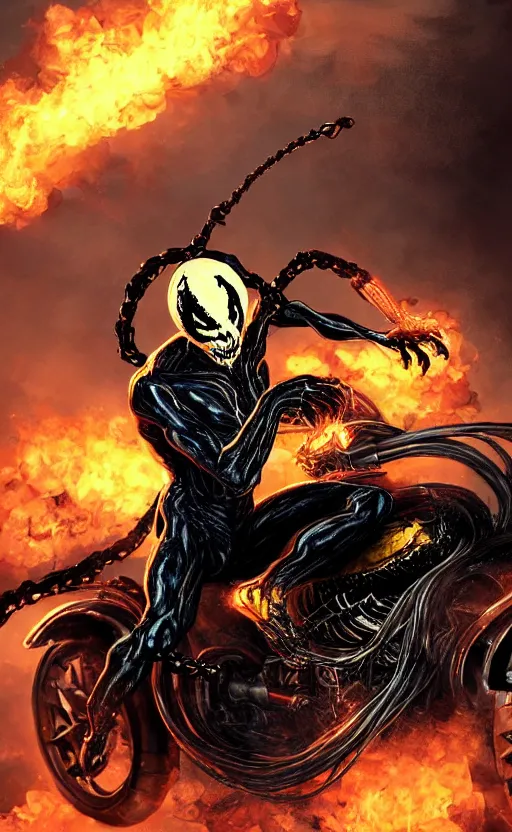 Image similar to venom as ghost rider on a motorcycle, dynamic lighting, photorealistic fantasy concept art, trending on art station, stunning visuals, terrifying, creative, cinematic