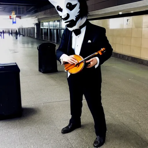 Prompt: a man in a tux wearing a white wolf mask playing the violin at a dirty metro station, unnerving, creepy, terrifying, dark, at night