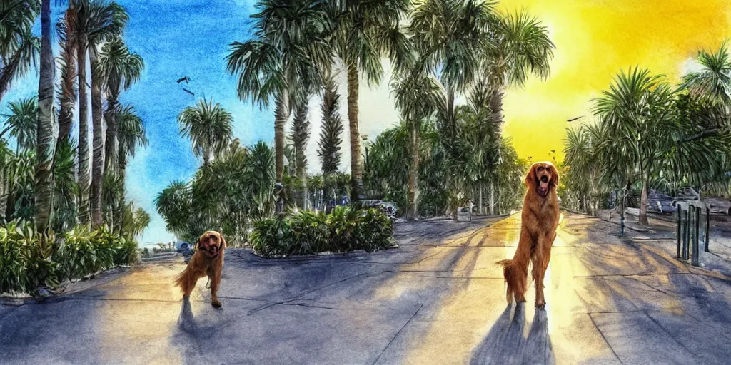 Image similar to golden retriever dog walking in tel aviv street looking at the camera. palm trees. realistic. sunset. high quality. digital art. watercolor. highly detailed. drawing. art. colorful. fluffy