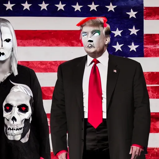 Prompt: Satanic States of America, goth Donald Trump, Donald Trump as an occultist, 2017 photograph, news conference, blood ceremony