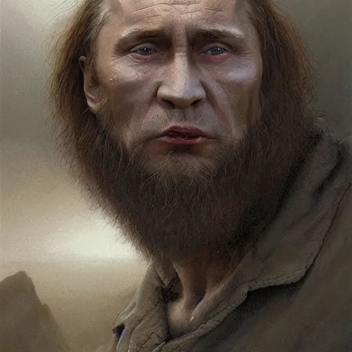 Image similar to vladimir putin, putin is bald caveman, vladimir putin awe face, toothless macabre face, by donato giancola and greg rutkowski and wayne barlow and zdzisław beksinski, realistic face, digital art